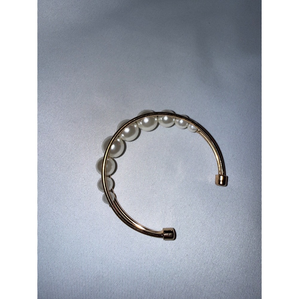 Gold Tone Graduated Faux Pearl Open Cuff‎ Bracelet Minimalist Modern Jewelry